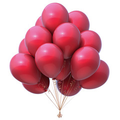 Colorful red balloons, birthday, party decoration glossy, balloon bunch. 3d illustration isolated