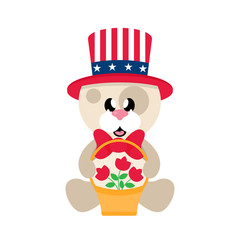4 july cartoon cute dog in hat sitting with basket and flowers