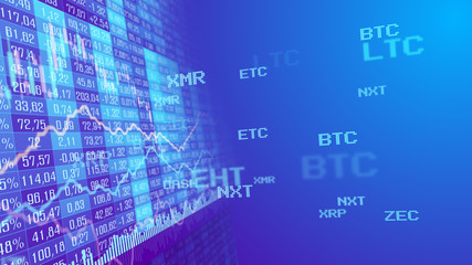 Table and bar graph of cryptocurrency stock exchange market indices concept. Abstract currency rate chart purple background.