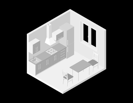 Interior kitchen room. 3d Vector illustration. Isometric projection.