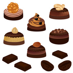 Chocolate and chocolate candies. Sweet dessert isolated on white background. Vector illustration.