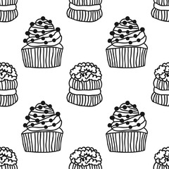 Cakes, sweet dessert. Black and white seamless pattern for coloring book or page.