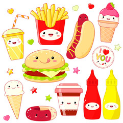 Set of cute food icons in kawaii style
