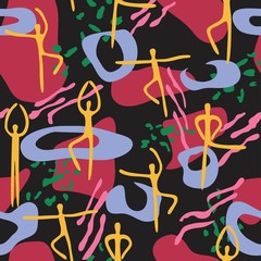 Bright seamless pattern with lines, spots, dots and dancing people. Vector illustration with minimalist style