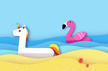 Fototapeta na wymiar Giant inflatable Fantasy Unisorn and Pink Flamingo paper cut style. Origami Pool float toys. Crystal clear blue sea water. Summer holidays. Sunny days.