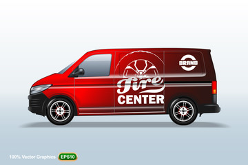 Tire center. Red Delivery van template. With advertise, editable layout.