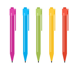 Set of five multi-colored pens. Vector illustration
