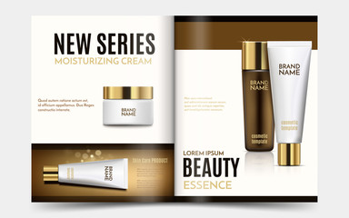 A beautiful cosmetic templates for ads. Creative magazine with skin care products or hair oil. Golden bottle, white tube and jar for moisturizing cream