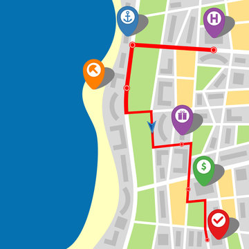 City map of an imaginary city with a river and multi-stop route. Vector illustration.
