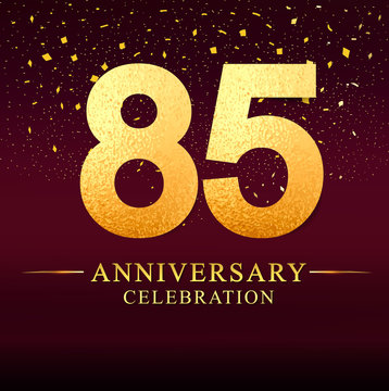 85 years anniversary logo with golden and on dark pink background, vector design for invitation card, greeting card. 