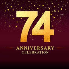 74 years anniversary celebration logotype. Anniversary logo with golden and on dark pink background, vector design for invitation card, greeting card.