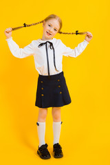 Girl with red pigtails on a yellow background. A beautiful girl is holding her pigtails