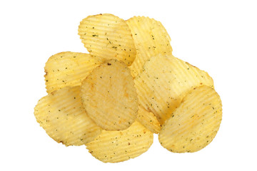 potato chips isolated on white background close-up. Top view. Flat lay