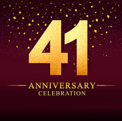 41 years anniversary. celebration logotype 41st years.Logo with golden and on dark pink background, vector design for invitation card, greeting card.  - obrazy, fototapety, plakaty