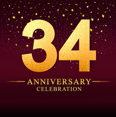 34 years anniversary. celebration logotype 34th years.Logo with golden and on dark pink background, vector design for invitation card, greeting card. 