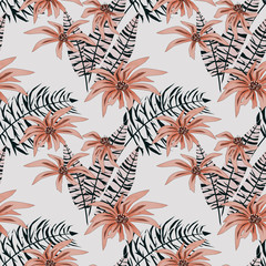 Seamless floral tropical pattern, Pink-orange flowers on light background.