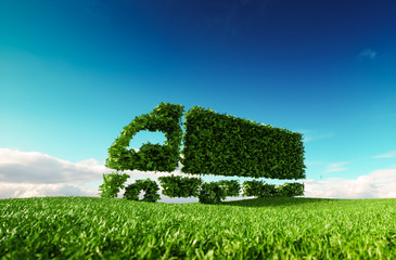 Eco friendly transportation concept. 3d rendering of green green truck icon on fresh spring meadow with blue sky in background. - obrazy, fototapety, plakaty