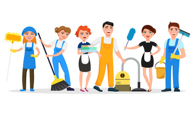 Fototapeta na wymiar Cleaning service staff smiling cartoon characters isolated on white background. Men and women dressed in uniform vector illustration in a flat style. Cute and cheerful maids and housekeeping concept.