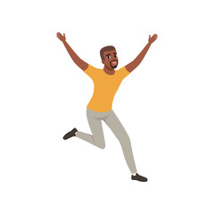 Cheerful Afro-American man in jumping action with wide open arms. Cartoon guy character with happy face expression. Flat vector design