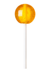 Big bright orange transparent circle lollipop on plastic stick isolated on white background