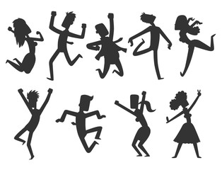People jumping in celebration party vector happy man jump celebration joy character silhouette cheerful woman active happiness expression many joyful friends portrait.