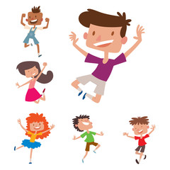 Happy children in different positions big vector jumping cheerful child group and funny cartoon kids joyful team laughing little people characters.