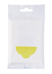 New clean closed wet wipes plastic package with flap isolated on white background