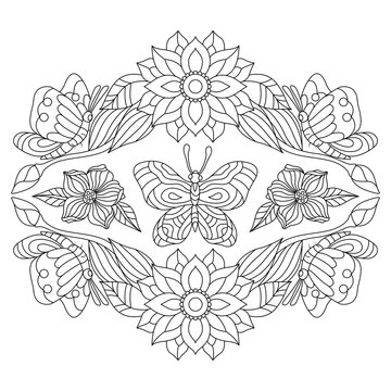 Hand drawn butterflies With flowers for the anti stress coloring page. Design elements label, emblem, poster, t-shirt. Vector illustration