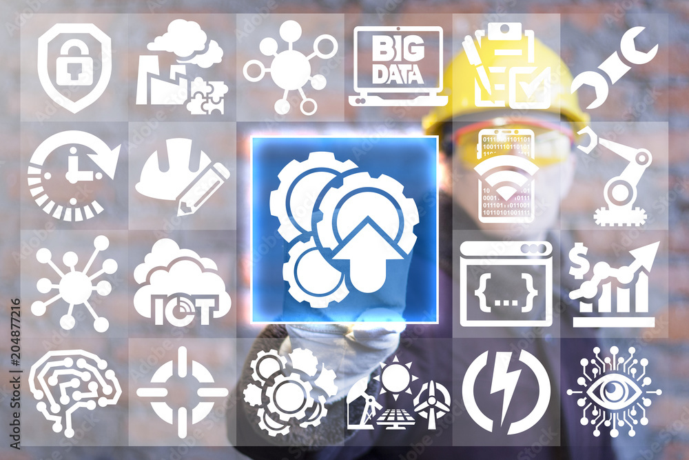 Poster integrated smart automation information technology industry 4.0 concept. integration. industrial man