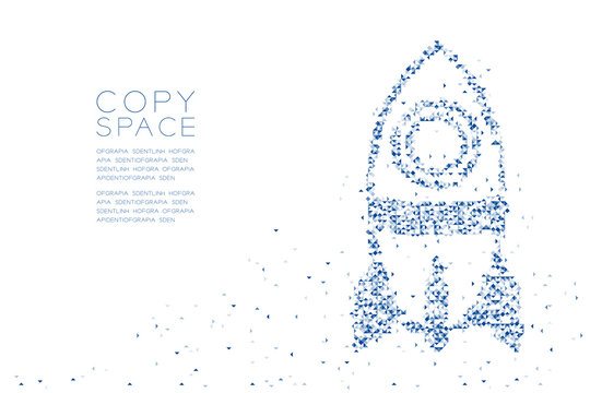 Abstract Geometric Polygon square box and Triangle pattern Cartoon Rocket spaceship shape, space exploration concept design blue color illustration on white background with copy space, vector eps 10
