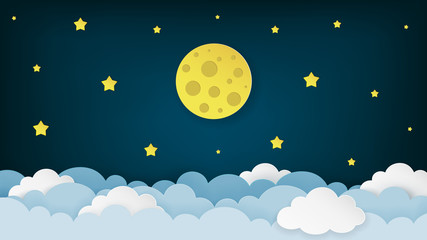 Full moon, stars, and clouds on the dark midnight sky background. Night sky scenery background. Paper art style. Clean and minimal design. Vector Illustration.