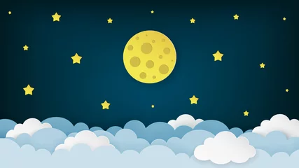 Foto op Plexiglas Babykamer Volle maan, sterren en wolken op de donkere achtergrond van de middernachthemel. Nacht hemel landschap achtergrond. Papier kunststijl. Schoon en minimaal ontwerp. Vectorillustratie.