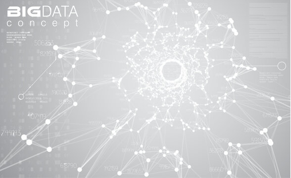 Big data light grey background vector illustration. White information streams center visualization. Future digital technology. Futuristic infographic. Cyber aesthetic design.