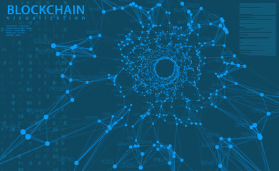 Big data blue background vector illustration. Information streams center visualization. Digital technology. Futuristic infographic. Cyber aesthetic design. Blockchain structure calculation.