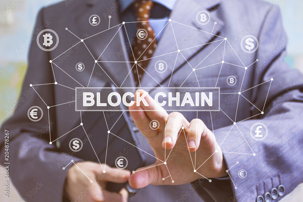 Aufkleber businessman presses button blockchain on virtual web digital electronic user interface