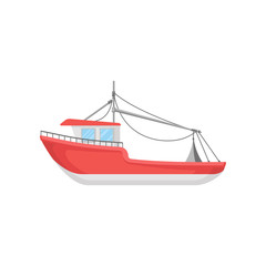 Flat vector design of bright red fishing boat. Big marine vessel. Element for infographic or mobile game