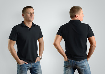 Mockup  black polo shirt on a man on gray background. Front view and back.
