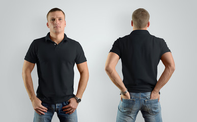 Mockup  for the design of clothes black  polo shirt. Male model, front view and back.