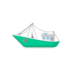 Green fishing boat with trawl net and lifebuoy. Ship for industrial seafood production. Flat vector icon of commercial marine vessel