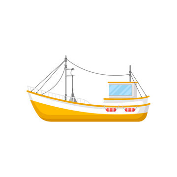recommend clip art: Flat vector icon of yellow fishing trawler. Ship with trawling gear and lifebuoys. Marine vessel for industrial sea goods production