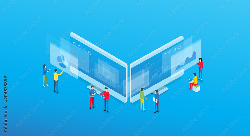Poster business analytics design concept and business team meeting for working on dashboard monitor