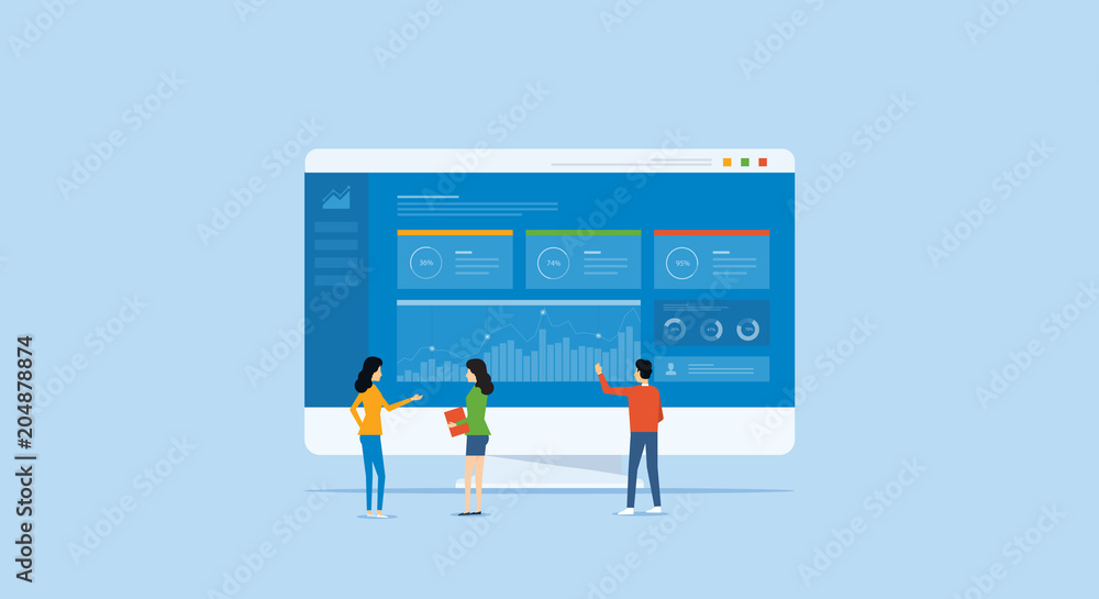 Poster business analytics design concept and  business team meeting for working  on dashboard monitor 