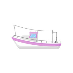 Flat vector icon of fishing boat with trawling gear. Industrial marine vessel. Ocean or sea theme