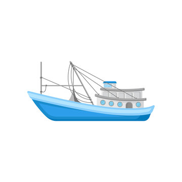 recommend clip art: Flat vector icon of large commercial fishing boat with trawling equipment. Blue marine vessel for industrial seafood production