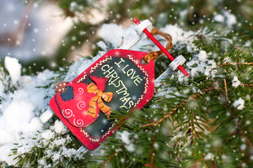 Christmas  toy on  snow-covered tree branch