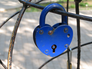 Heart shaped padlock. Blue lock, symbol of eternal love