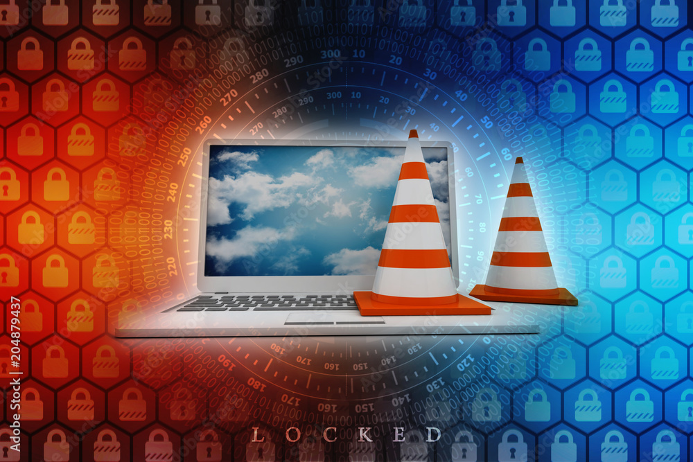 Poster 3d rendering traffic cone network with laptop
