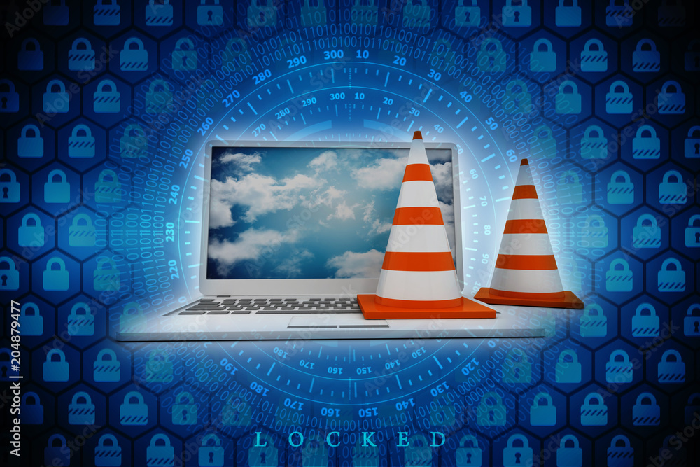 Aufkleber 3d rendering traffic cone network with laptop