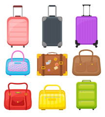 Flat vector set of various travel bags. Suitcases on wheels, elegant women handbags and retro case with stickers