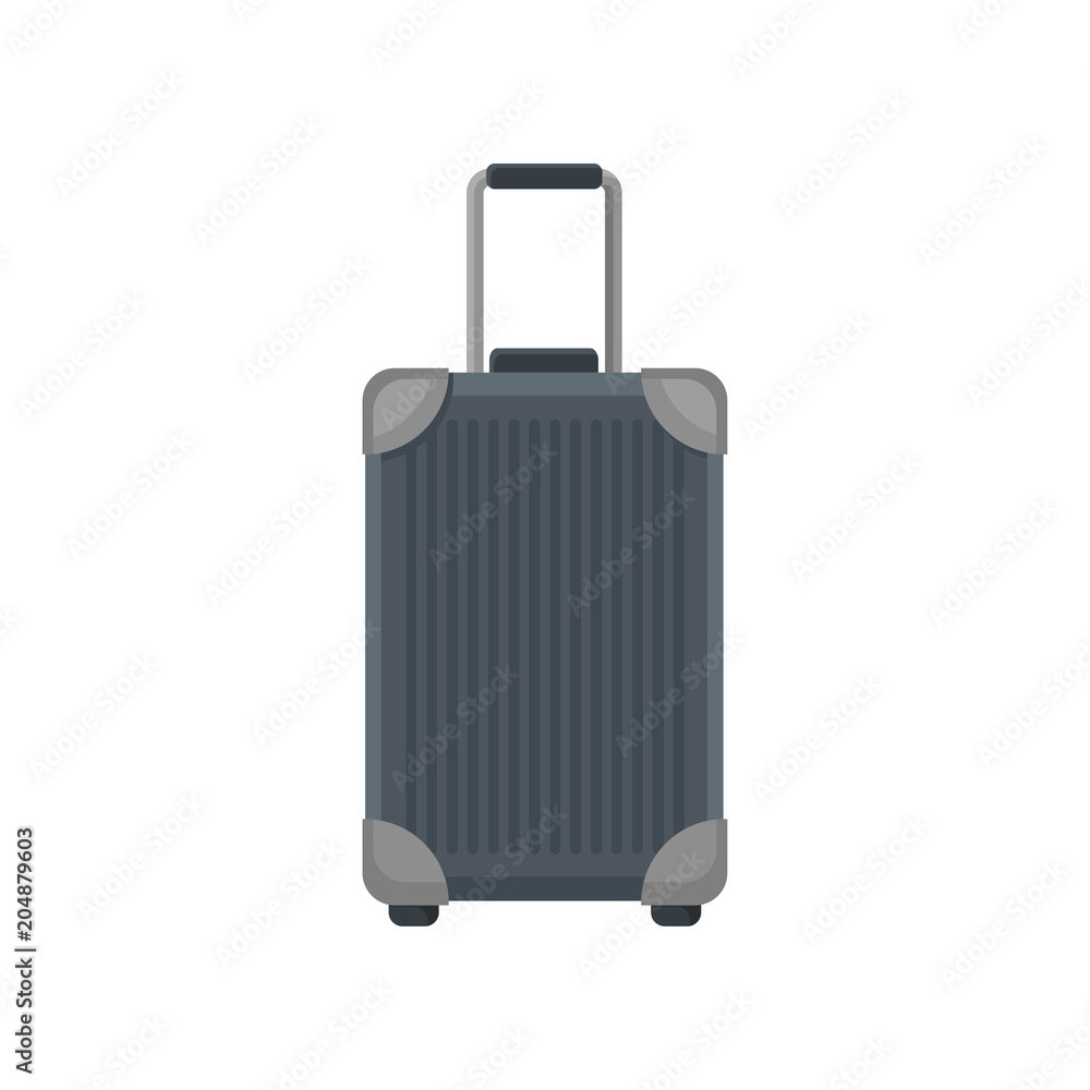 Poster large traveling bag on wheels. flat vector icon of rectangular polycarbonate suitcase with metal cor